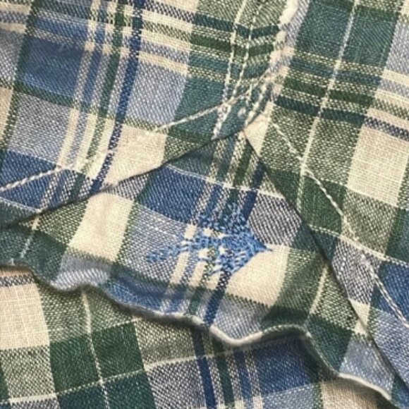 Orvis 100% Linen Button Down Shirt Men’s Sz L Plaid Tropical Beach Resort Pool - Picture 7 of 8